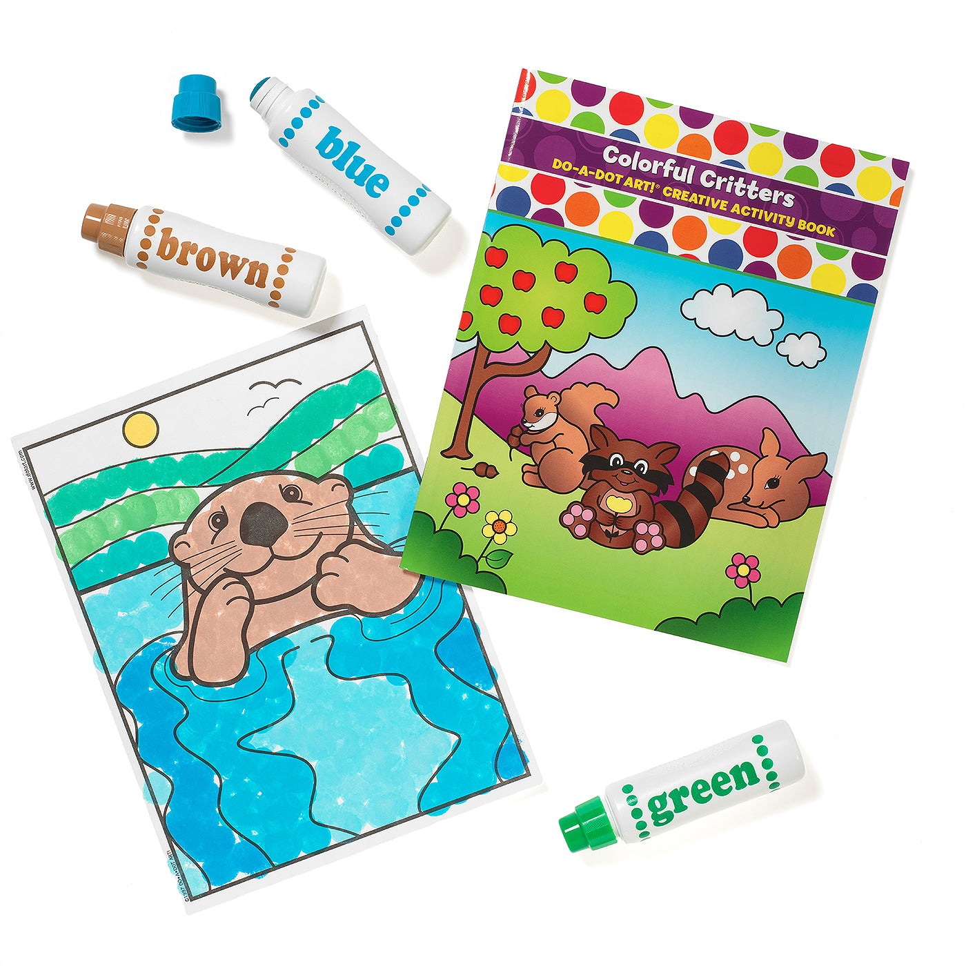 Colorful Critters activity book displayed with interior animal pages and Do-A-Dot Art! markers beside the book.