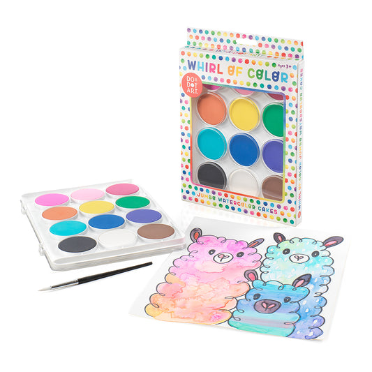Whirl of Color Jumbo Watercolor Cakes open paint set displayed with watercolor artwork and paint brush accessories.