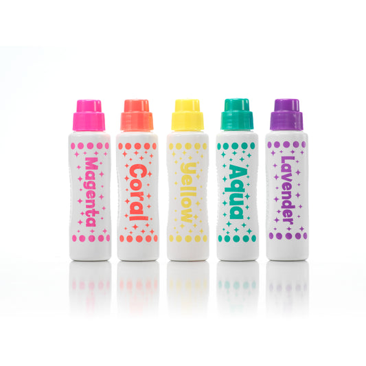 Five Do A Dot Art Ultra Bright Shimmer dot markers in magenta, coral, yellow, aqua, and lavender