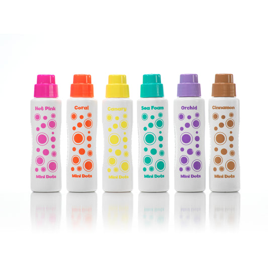 Six Do A Dot Art Island Bright Mini dot markers in hot pink, coral, canary, sea foam, orchid, and cinnamon brown