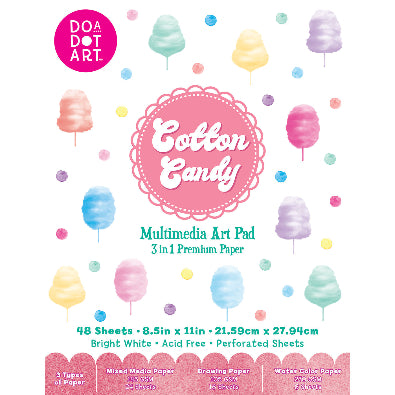 DOA Dot Art Cotton Candy Multimedia Art Pad packaging with colorful cotton candy illustrations on a white background.