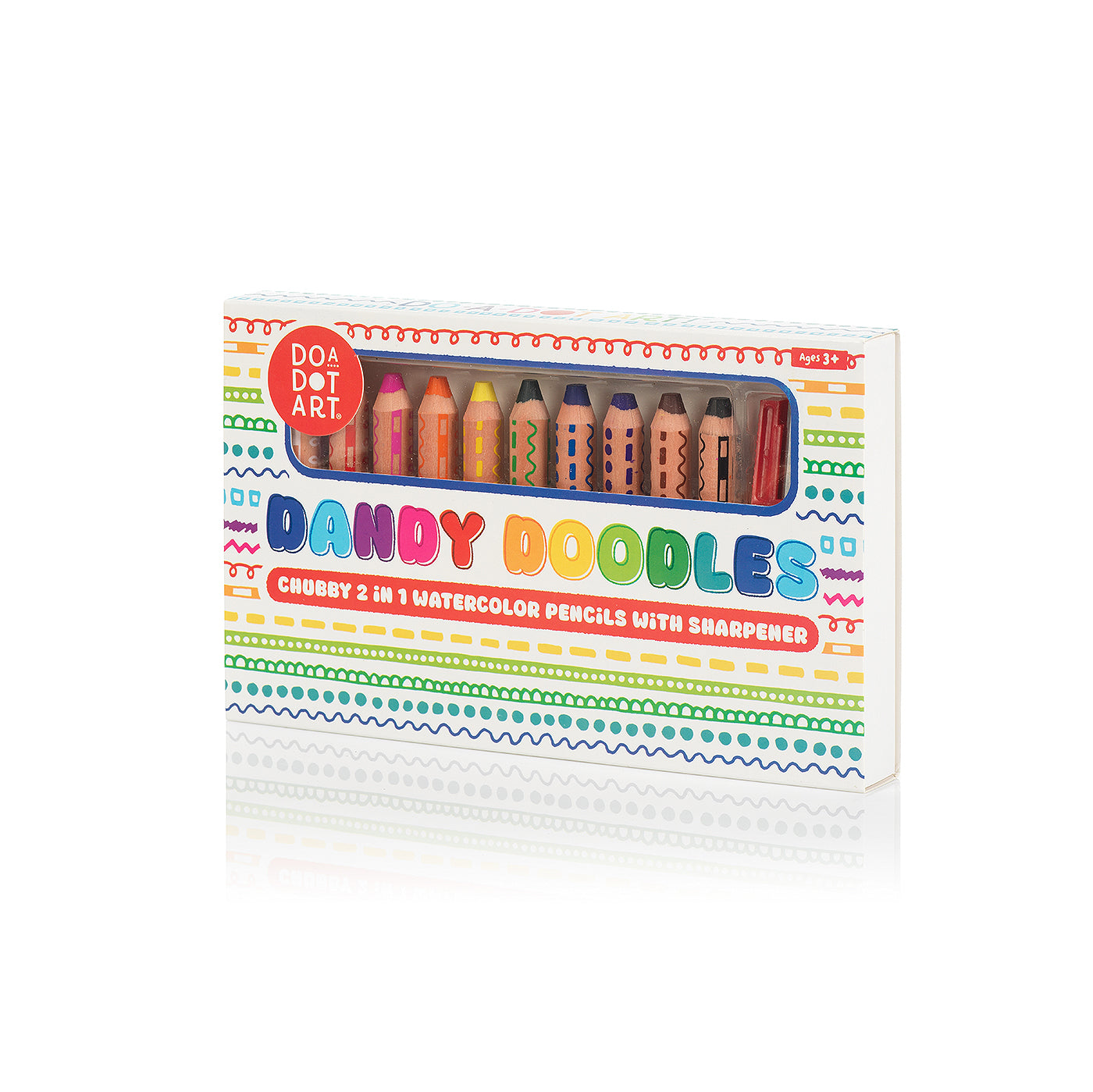 Front packaging of Do-A-Dot Art! Dandy Doodles chubby 2-in-1 watercolor pencils with colorful branding and product window.