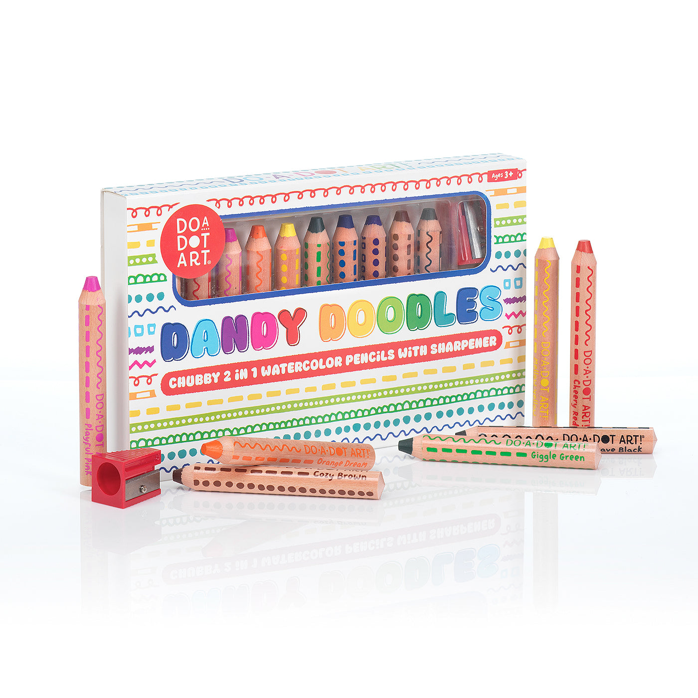 Do-A-Dot Art! Dandy Doodles watercolor pencil set standing open with watercolor pencils displayed beside the box.