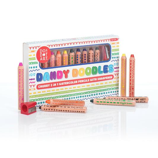 Do-A-Dot Art! Dandy Doodles watercolor pencil set standing open with watercolor pencils displayed beside the box.