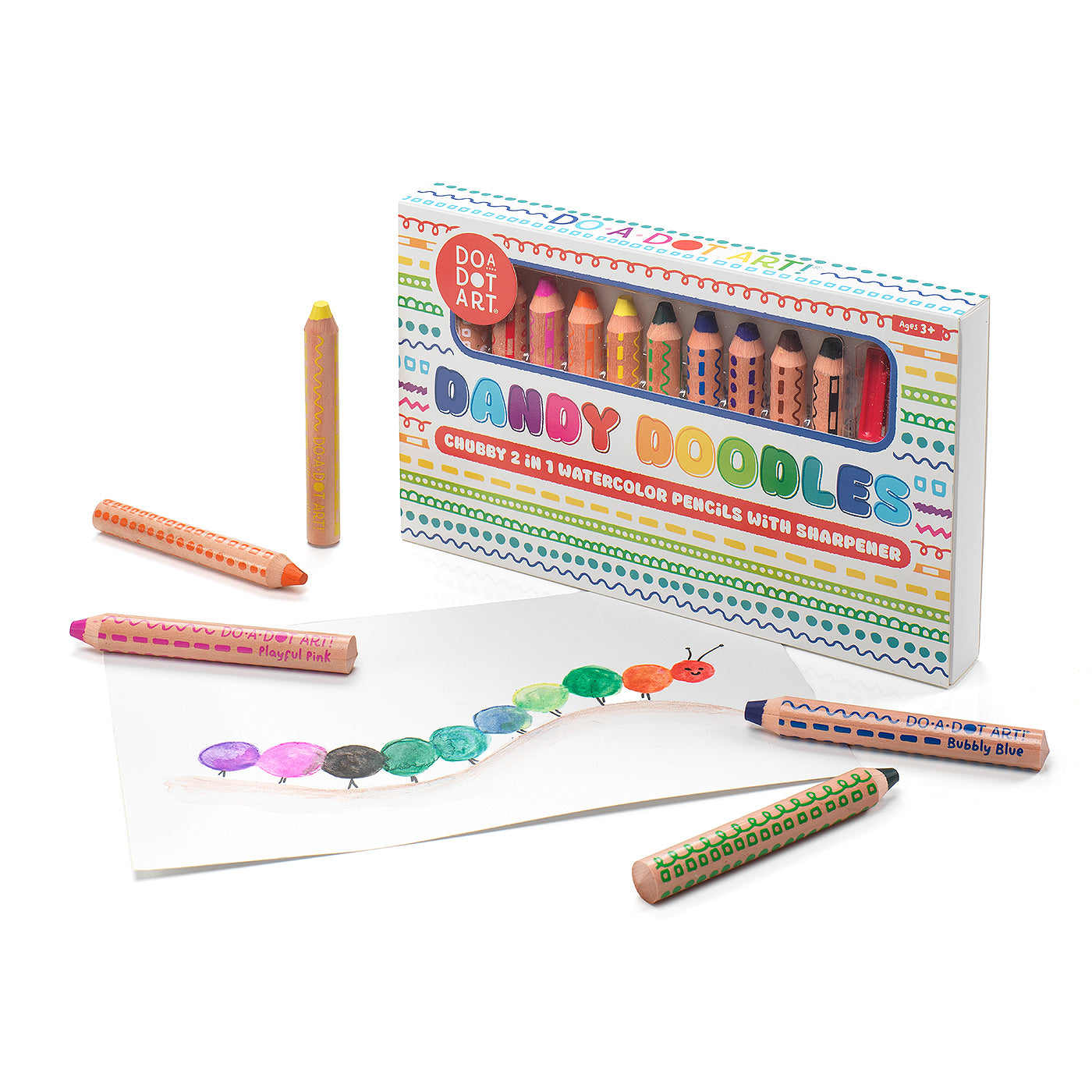 Dandy Doodles watercolor pencils displayed outside packaging with watercolor artwork created using the pencils and water.