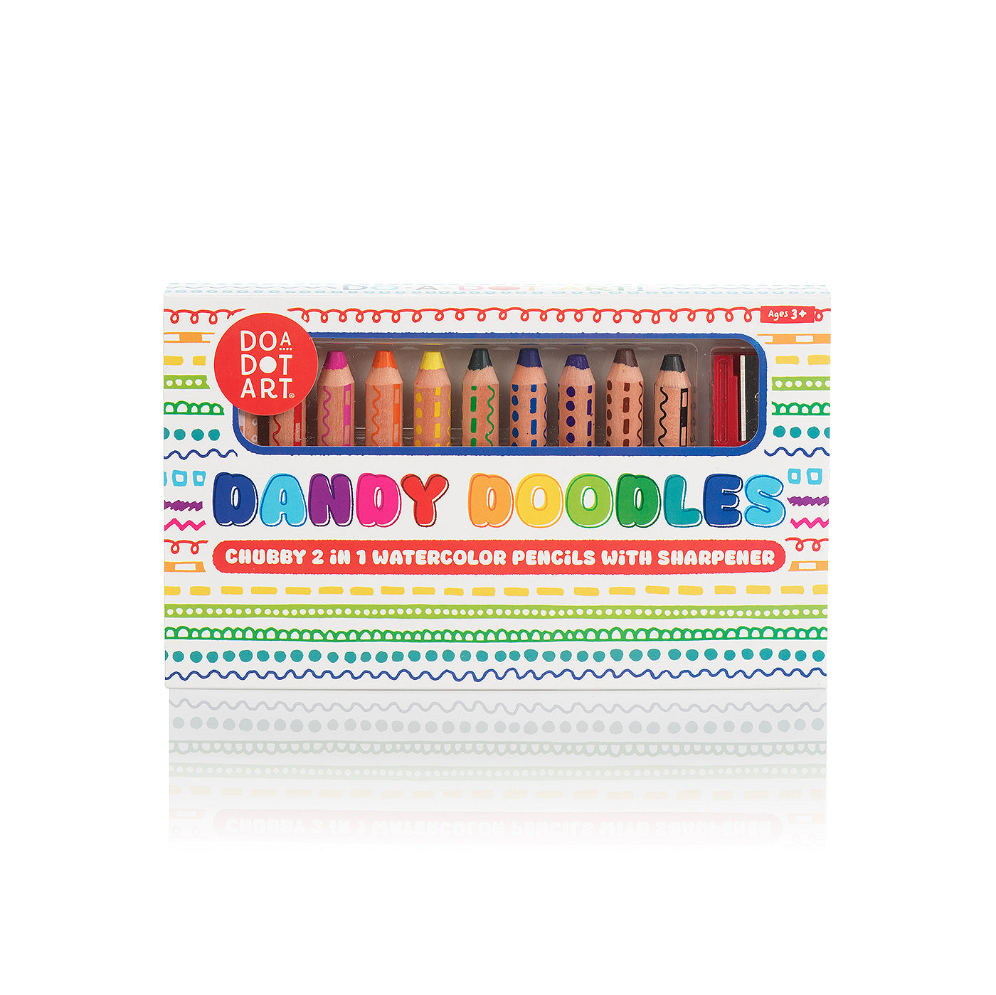 Do-A-Dot Art! Dandy Doodles chubby 2-in-1 watercolor pencils set with 10 vibrant watercolor pencils and jumbo sharpener.