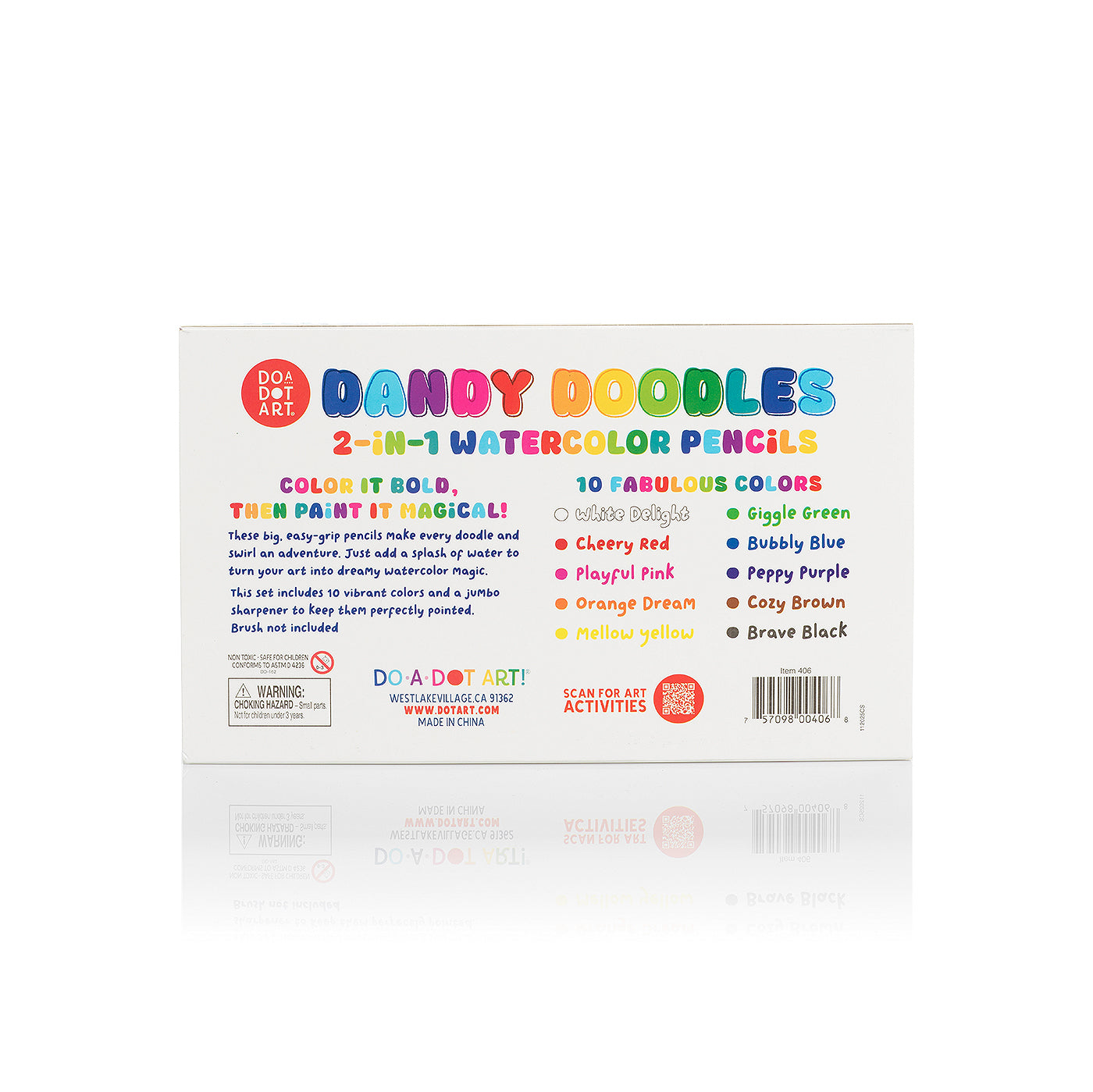 Back packaging of Dandy Doodles watercolor pencils showing product information, instructions, and included colors.