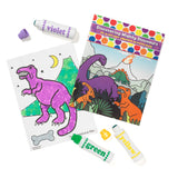 Discovering Mighty Dinosaurs activity book with sample interior dinosaur pages and Do-A-Dot Art! markers displayed beside the book.