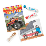 Mighty Trucks activity book with interior monster truck and dump truck pages displayed alongside Do-A-Dot Art! markers.