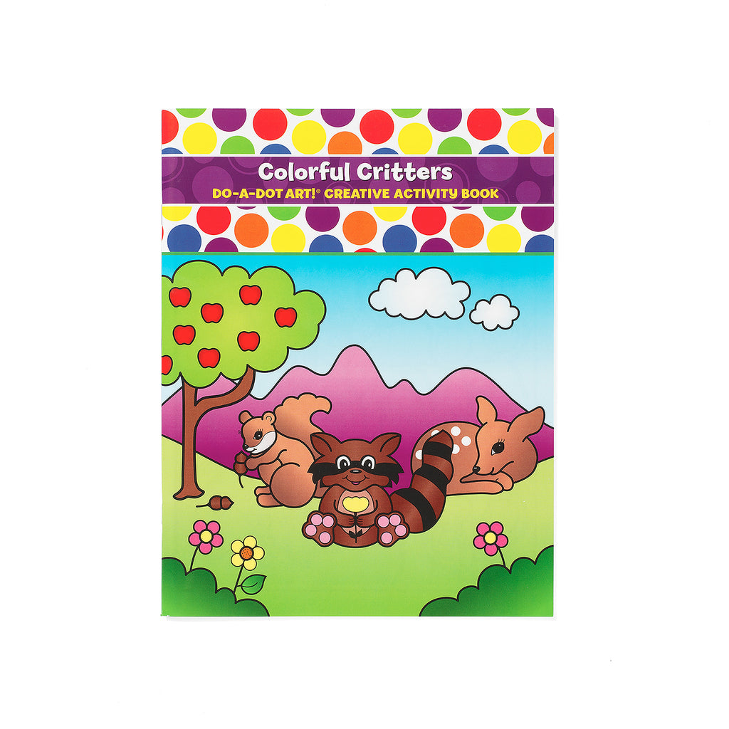 Do-A-Dot Art! Colorful Critters creative activity book cover featuring raccoons, a fox, and woodland animals in a bright outdoor scene.