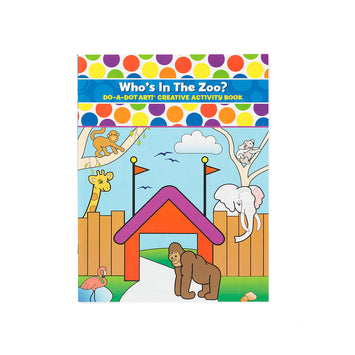 Do-A-Dot Art! Who’s in the Zoo creative activity book cover featuring zoo animals including giraffe, elephant, and monkey