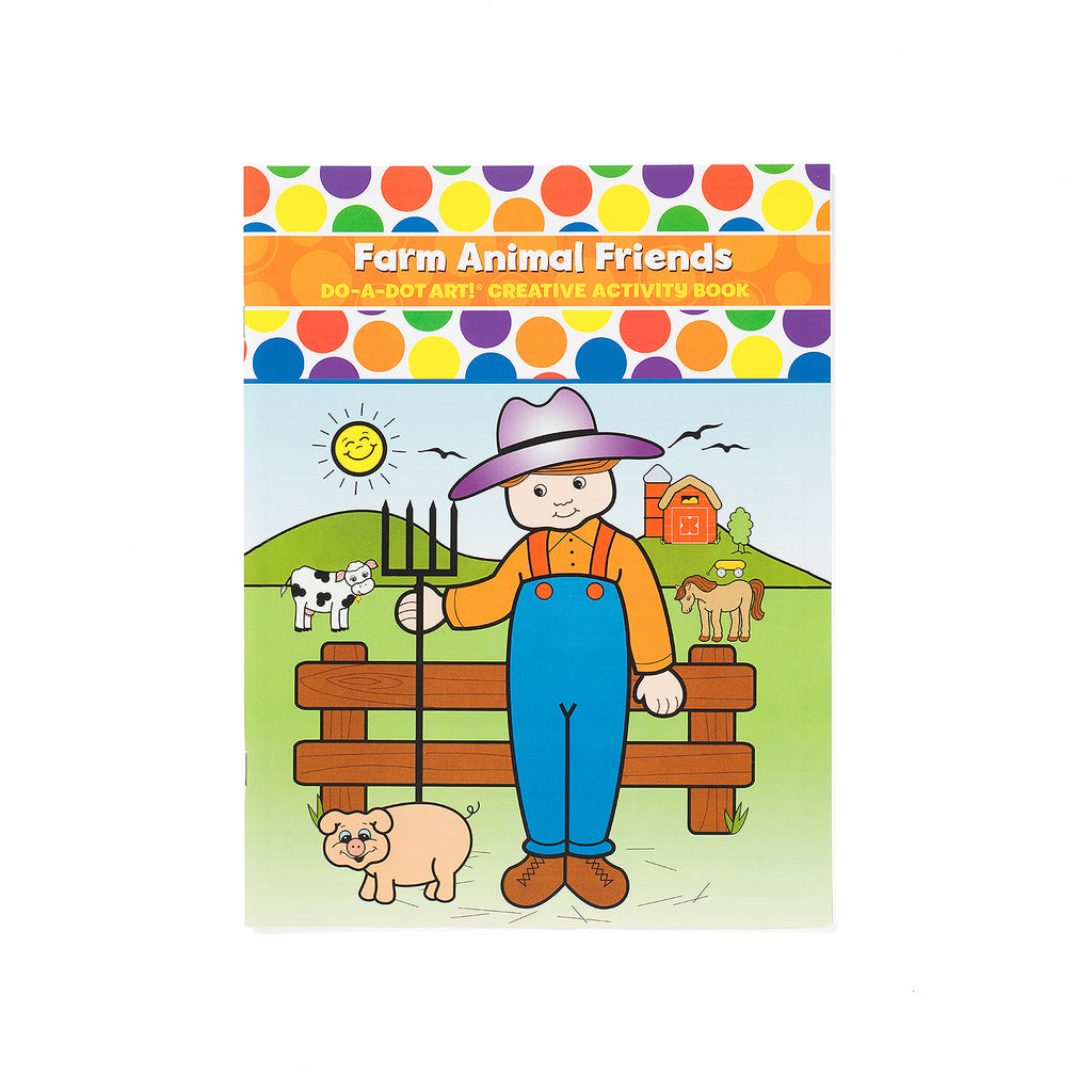 Do-A-Dot Art! Farm Animal Friends creative activity book cover featuring farmer and farm animals including pig, cow, and barn scene