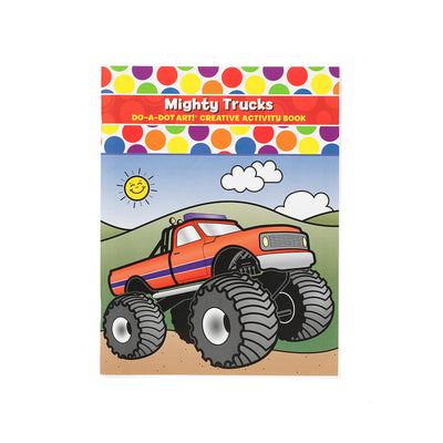 Do-A-Dot Art! Mighty Trucks creative activity book cover featuring a large orange monster truck with oversized tires in a bright outdoor scene.