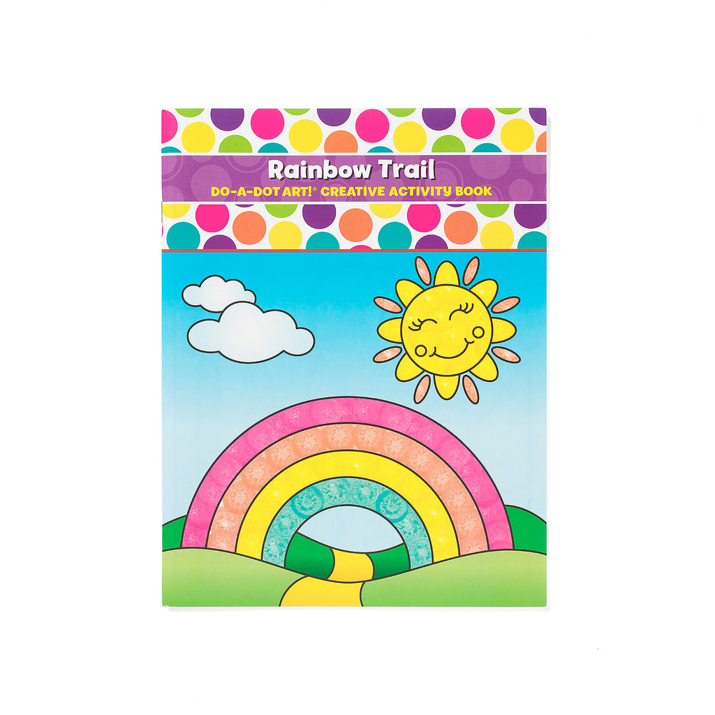 Do-A-Dot Art! Rainbow Trail creative activity book cover featuring a bright rainbow, smiling sun, fluffy clouds, and colorful landscape.