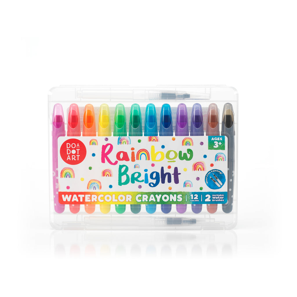 Rainbow Bright Watercolor Crayons – 12 Colors with 2 Refillable Water Brushes