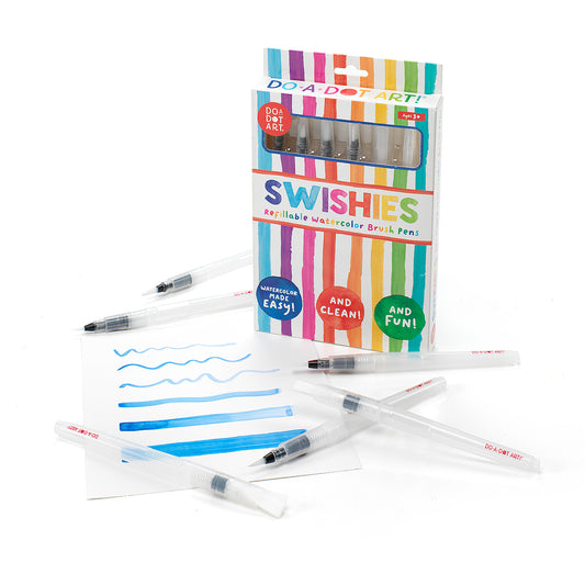 Do-A-Dot Art! Swishies watercolor brush set standing open with refillable brushes arranged beside the package.