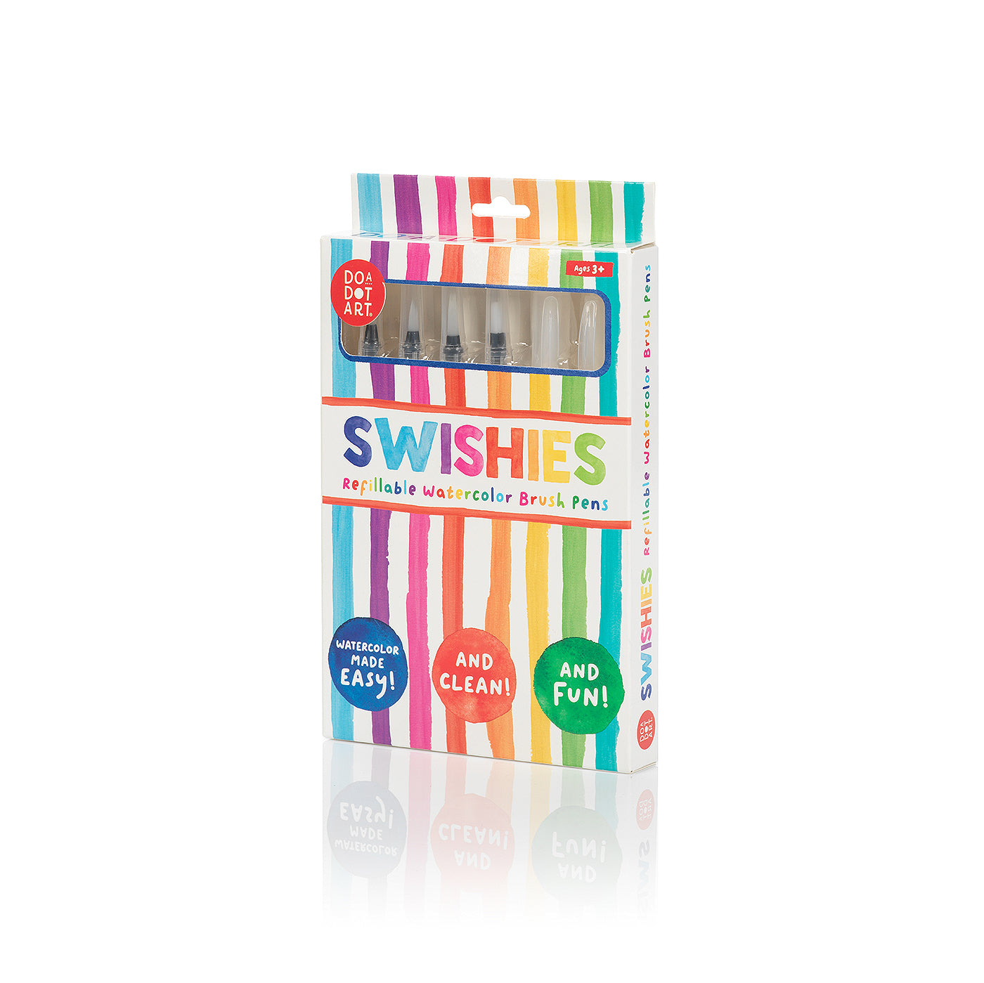 Front packaging of Do-A-Dot Art! Swishies refillable watercolor brushes with colorful striped branding and product window.