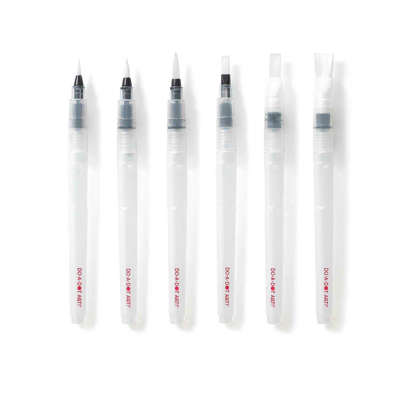 Set of 6 Do-A-Dot Art! Swishies refillable watercolor brushes featuring different brush tip sizes for watercolor painting.