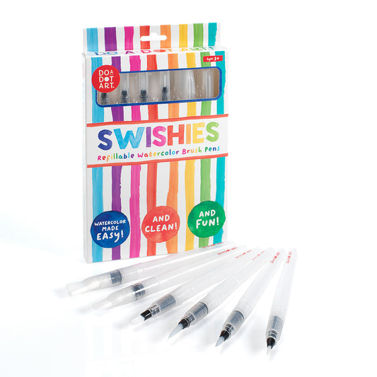 Swishies refillable watercolor brushes displayed beside packaging with watercolor painting artwork and brush examples.