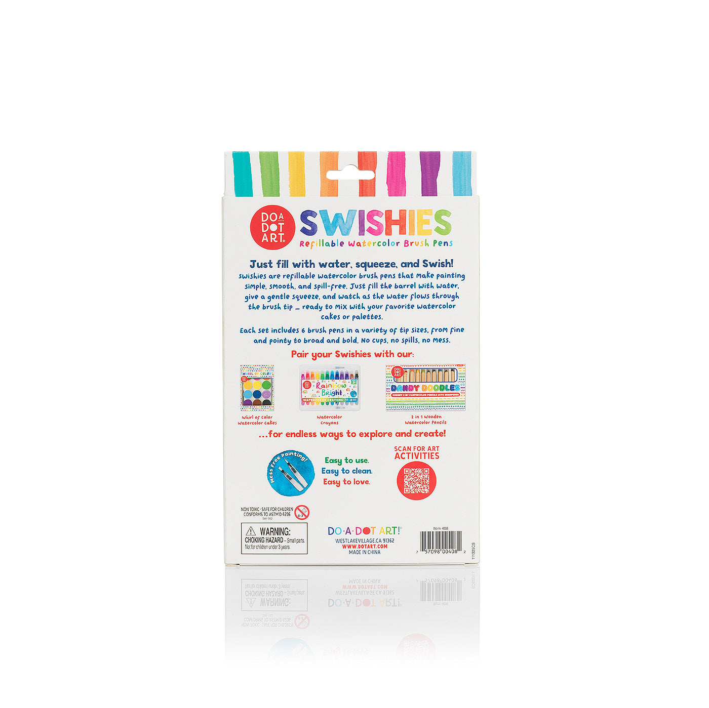 Back packaging of Swishies refillable watercolor brushes showing instructions, features, and brush tip sizes.