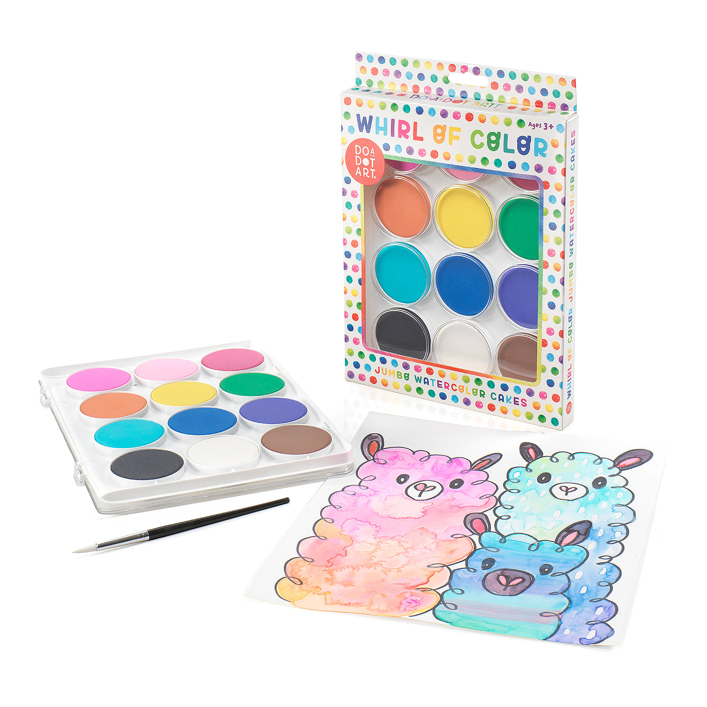 Whirl of Color Jumbo Watercolor Cakes open paint set displayed with watercolor artwork and paint brush accessories.