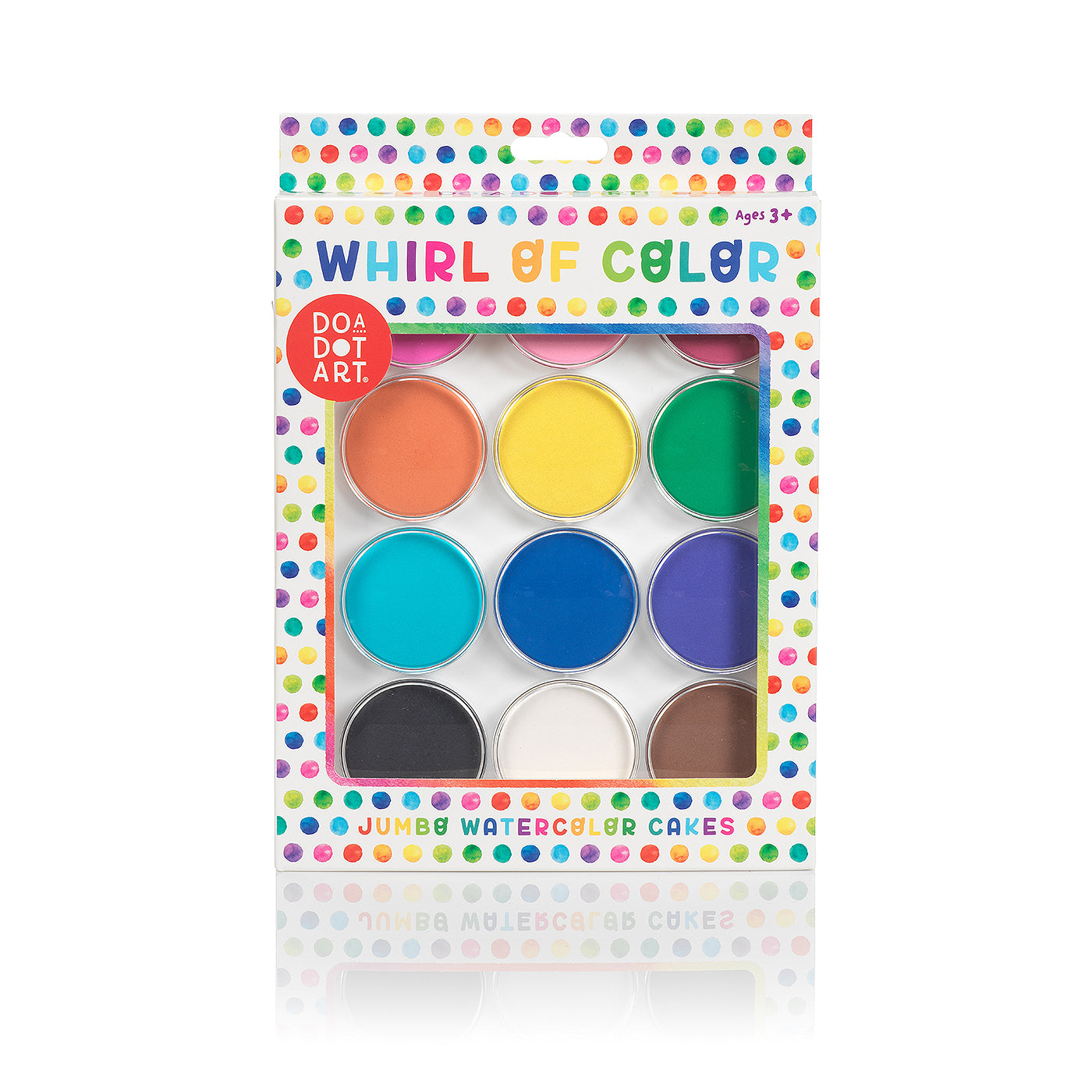 Do-A-Dot Art! Whirl of Color Jumbo Watercolor Cakes paint set with 12 vibrant watercolor cakes in assorted colors.