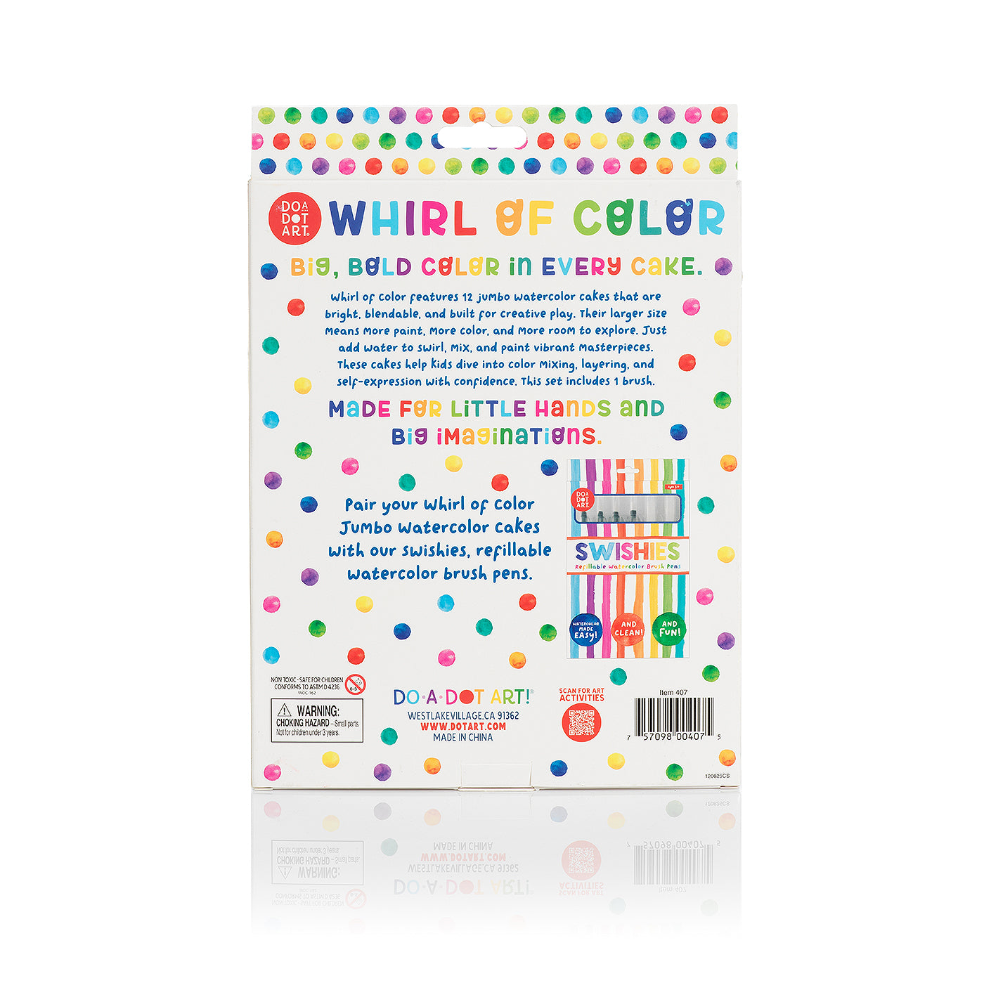 Back packaging of Do-A-Dot Art! Whirl of Color Jumbo Watercolor Cakes showing product information and creative painting examples.