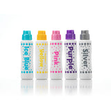 Five Do A Dot Art Royal Shimmer dot markers in pink, purple, blue, yellow, and silver