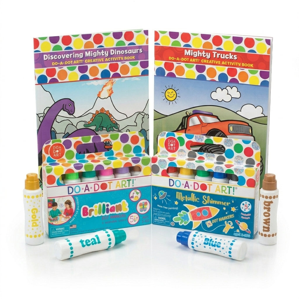 Boy Bundle - Brilliant Dot Markers, Metallic Shimmer Dot Markers, Mighty Trucks and Discovering Mighty Dinosaurs activity books