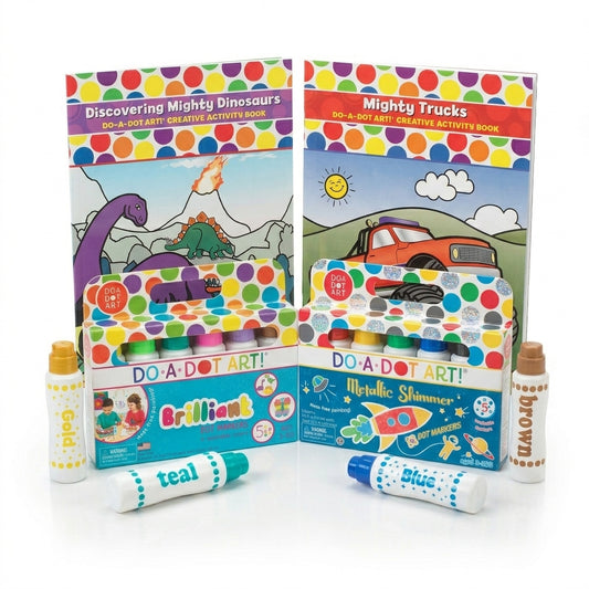 Boy Bundle - Brilliant Dot Markers, Metallic Shimmer Dot Markers, Mighty Trucks and Discovering Mighty Dinosaurs activity books