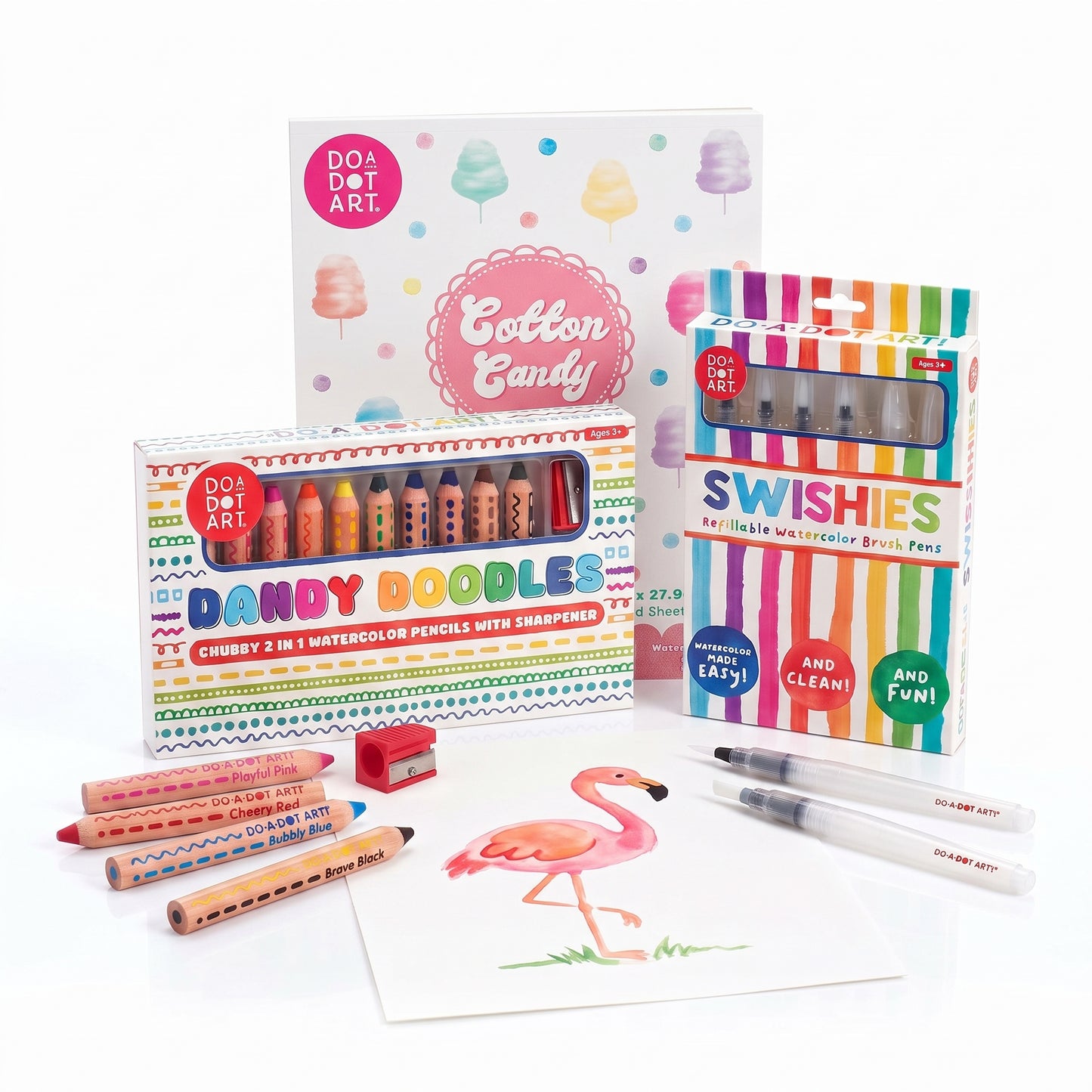 Do-A-Dot Art Dandy Doodles Starter Kit with the Cotton Candy 3-in-1 Mixed Media Art Pad, chubby 2-in-1 watercolor pencils and Swishies refillable watercolor brushes
