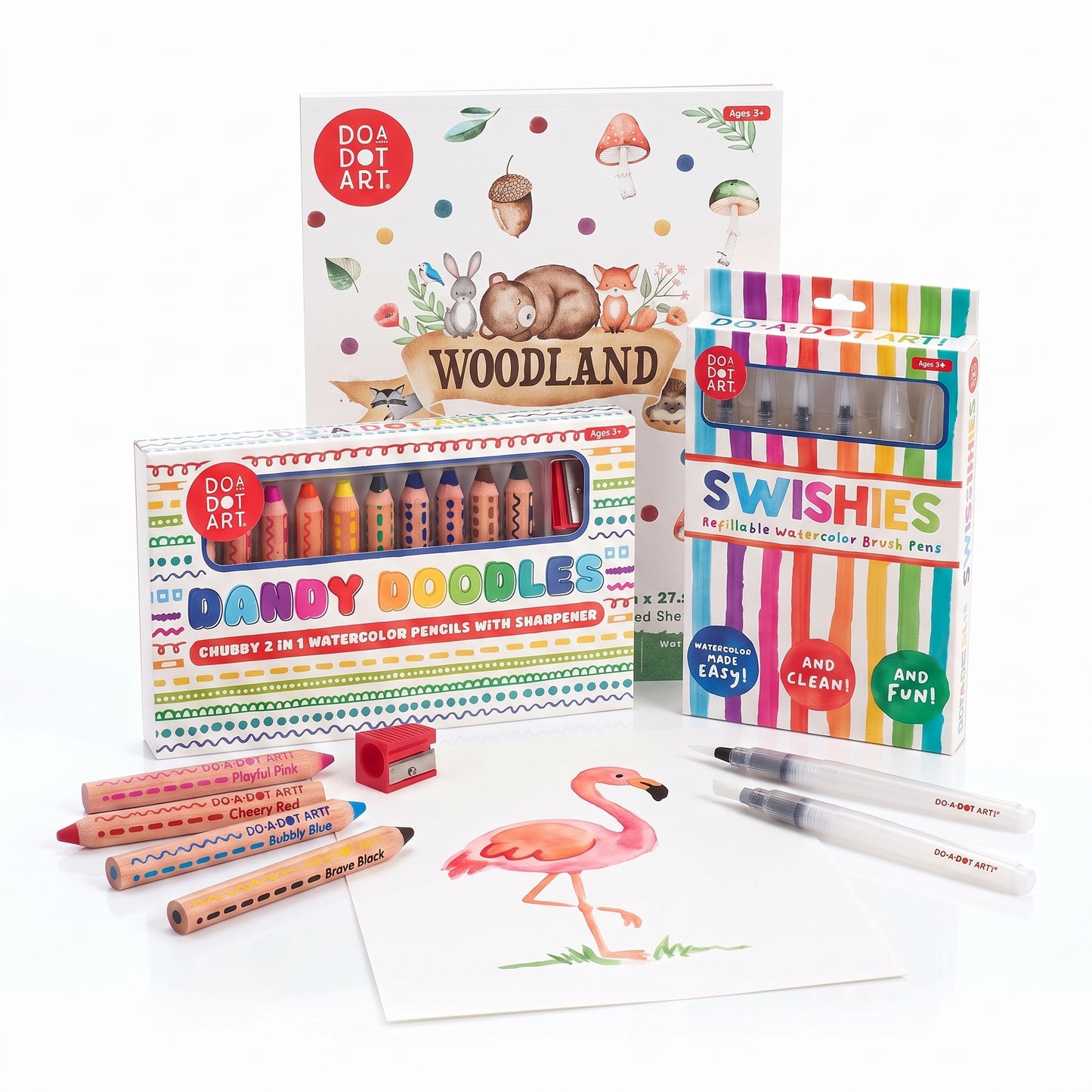 Do-A-Dot Art Dandy Doodles Starter Kit with the Woodland 3-in-1 Mixed Media Art Pad, chubby 2-in-1 watercolor pencils and Swishies refillable watercolor brushes