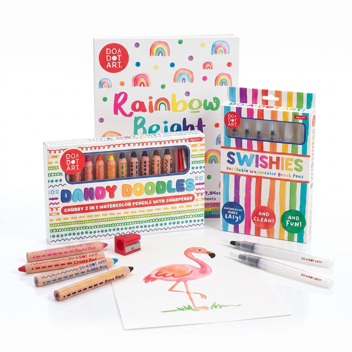 Do-A-Dot Art Dandy Doodles Starter Kit with chubby 2-in-1 watercolor pencils, Swishies refillable watercolor brushes, and the Rainbow Bright 3-in-1 Mixed Media Art Pad