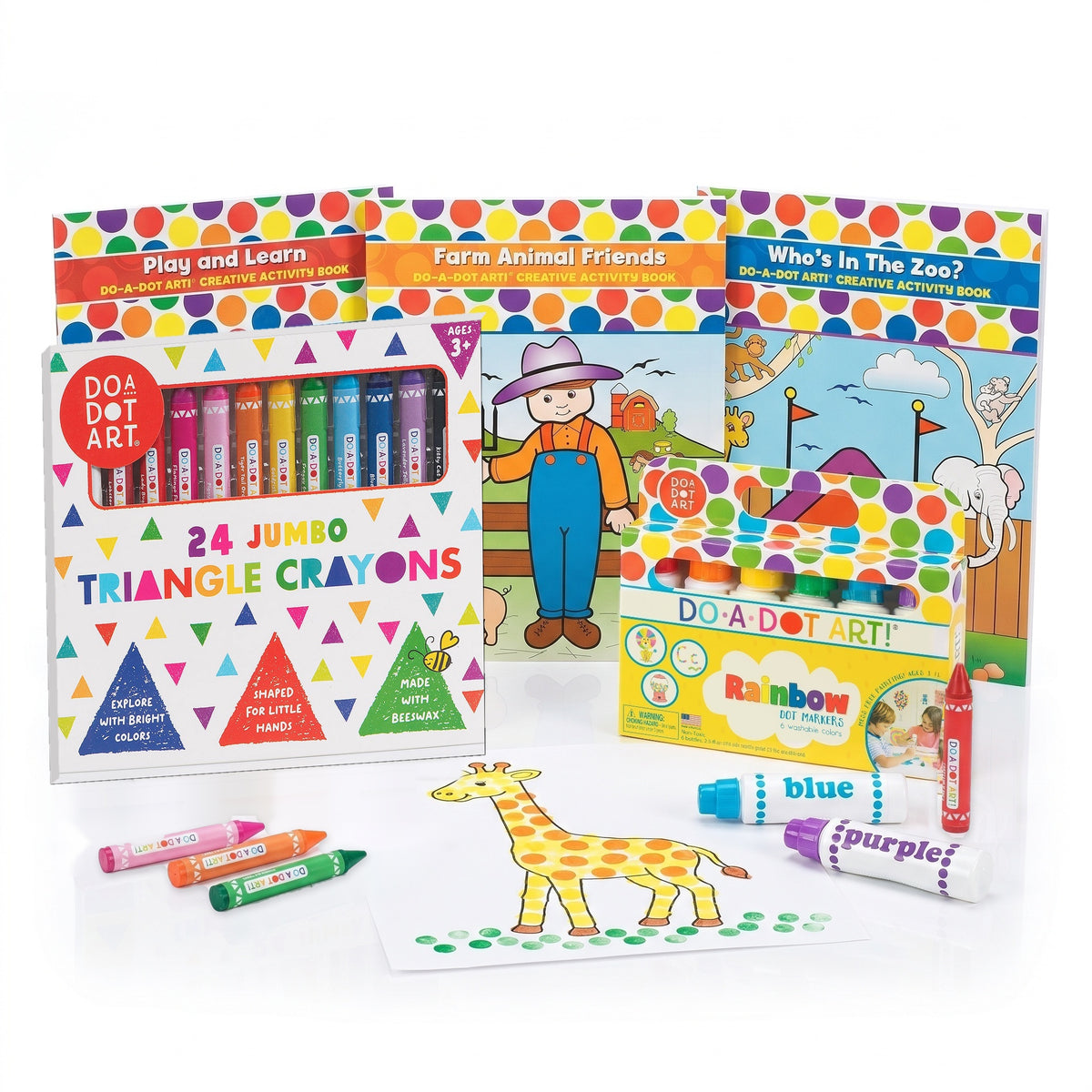 Little Learners Kit with Rainbow Dot Markers, Jumbo Triangle beeswax crayons and the Play and Learn, Farm Animal Friends and Who's in the Zoo activity books