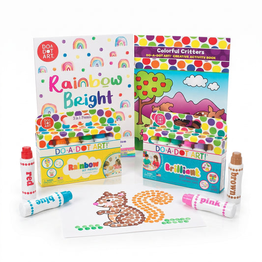 Original Dot Art Starter Kit with Rainbow and Brilliant Dot Markers, the Colorful Critters activity book and the Rainbow Bright art pad