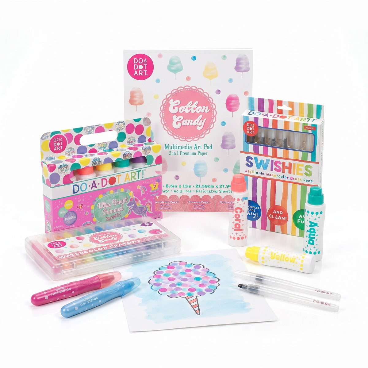 Shimmer and Swish Kit with Ultra Bright Shimmer Dot Markers, Cotton Candy Shimmer Watercolor Crayons, Swishies and the Cotton Candy art pad