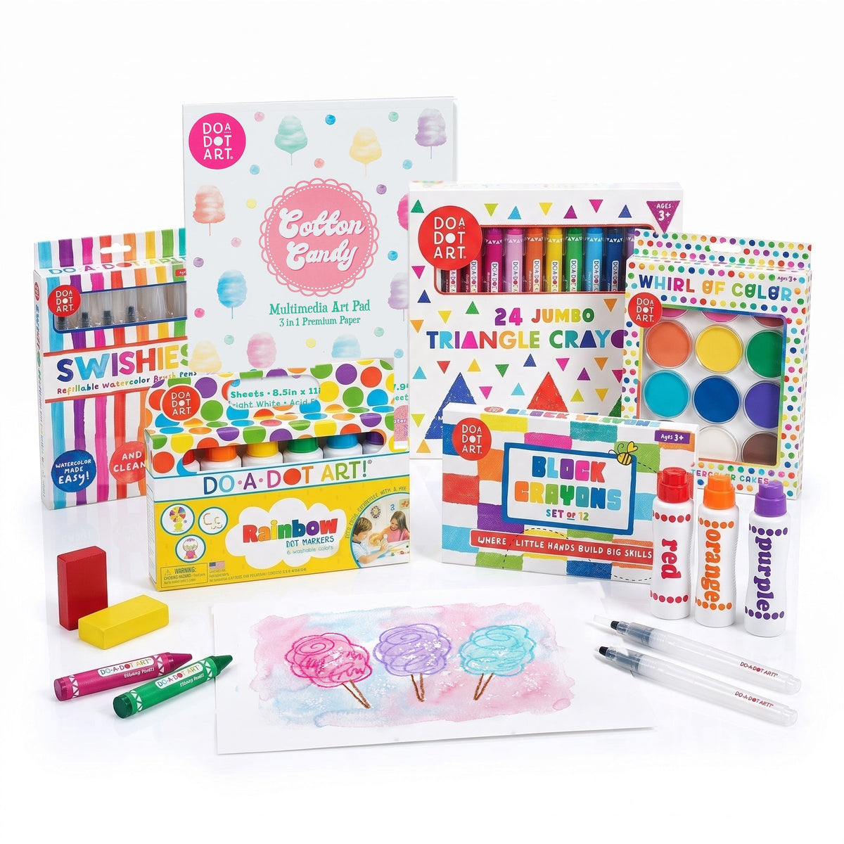Ultimate Crayon Resist Art Kit with the Cotton Candy art pad, beeswax crayons, Rainbow Dot Markers, Swishies and Whirl of Color