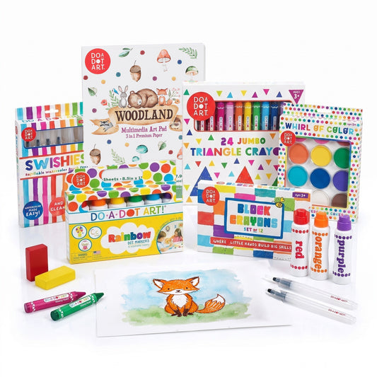 Ultimate Crayon Resist Art Kit with the Woodland art pad, beeswax crayons, Rainbow Dot Markers, Swishies and Whirl of Color