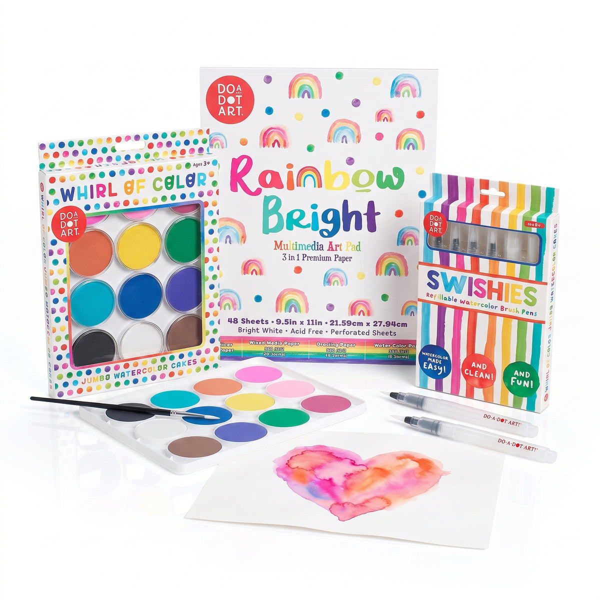Do-A-Dot Art Whirl of Color Starter Kit with jumbo watercolor cakes, Swishies refillable watercolor brushes, and the Rainbow Bright 3-in-1 Mixed Media Art Pad