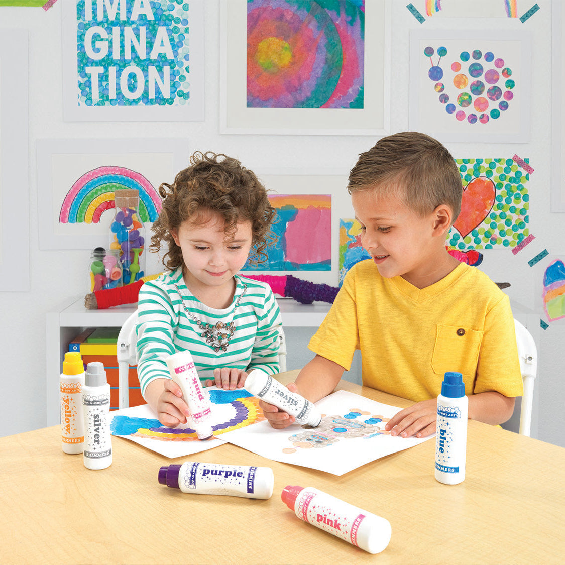 Children using Do A Dot Art Royal Shimmer dot markers for creative art projects